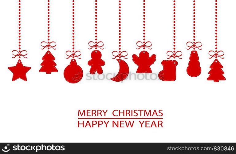 red christmas ornament elements (tags) hanging on white background, stock vector illustration