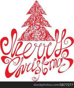 Red Christmas template with swirly ornamental tree and Merry Christmas calligraphy on white background