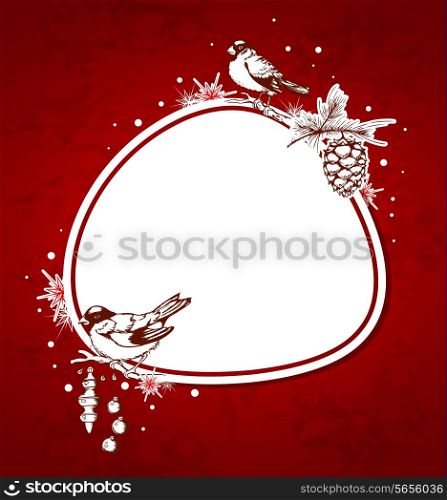 Red Christmas vector background with birds and decorations