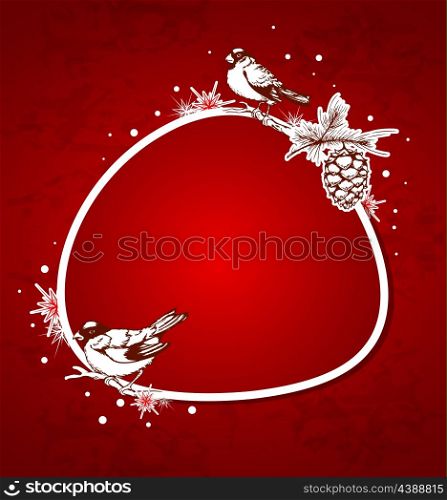 Red Christmas vector background with birds and snowflake