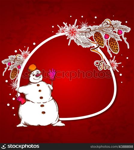 Red Christmas vector background with snowman and snowflake