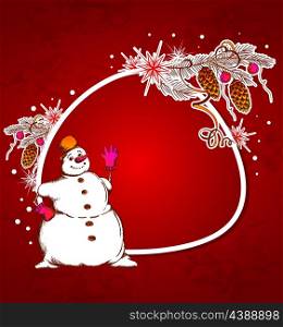 Red Christmas vector background with snowman and snowflake