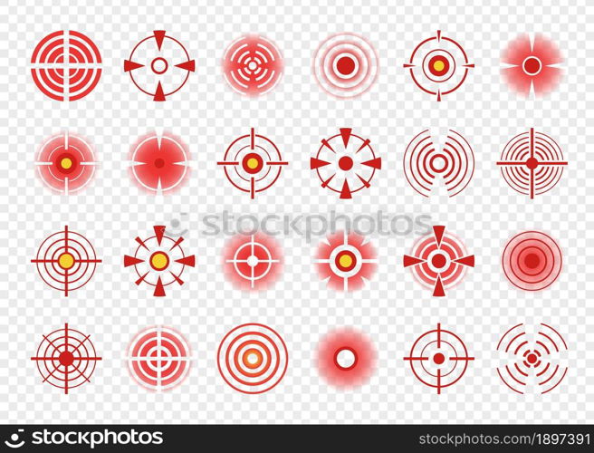 Red circle pain icon, body pains target marks or spots. Painful muscles and joints target signs, headache indication points symbols vector set. Healthcare problems, ache or injury therapy. Red circle pain icon, body pains target marks or spots. Painful muscles and joints target signs, headache indication points symbols vector set