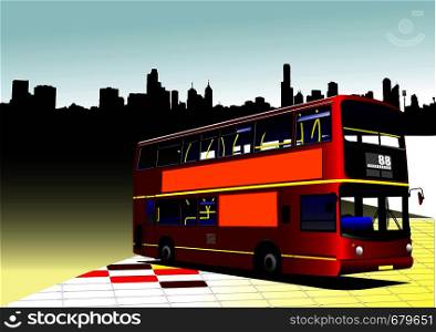 Red city bus on city panorama background. Coach. Vector illustration