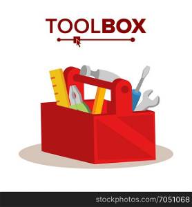 Red Classic Toolbox Vector. Full Of Equipment. Flat Cartoon Isolated Illustration. Red Classic Toolbox Vector. Full Of Equipment. Flat Cartoon Isolated