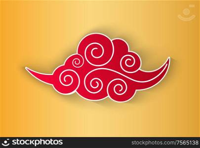 Red cloud isolated on yellow, symbol of Chinese holidays. Illustration of sky object with wavy lines and shadow in flat style, element of decoration vector. Red Cloud Isolated on Yellow, Chinese Symbol Vector
