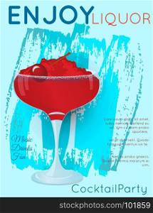 Red cocktail with crushed ice and cherry on blue grunge texture.Cocktail illustration on bright contemporary flat background. Design for cocktail menu, bar poster, event invitation. Template for cocktail party.