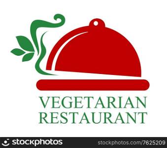 "Red colored cloche representing restaurant sign with green colored text "Vegetarian Restaurant" in the below isolated over white background suitable for food and drink industry. Vegetarian Restaurant sign"