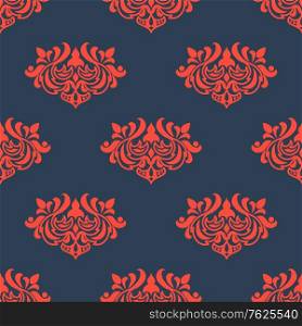 Red colored floral seamless pattern with arabesque elements in damask style isolated over gray background for wallpaper, tiles and fabric design in square format. Seamless floral pattern with arabesque element
