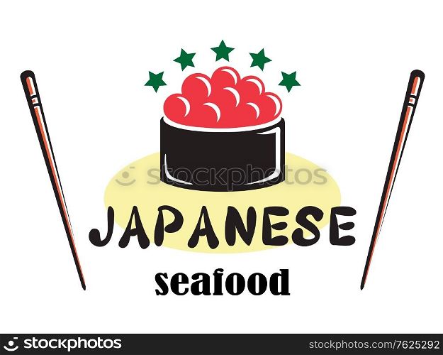 Red colored Japanese seafood design with red caviar, chopsticks and stars suitable for food industry isolated over white background. Japanese seafood