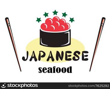 Red colored Japanese seafood design with red caviar, chopsticks and stars suitable for food industry isolated over white background. Japanese seafood
