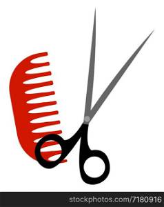 Red comb and black scissors, illustration, vector on white background