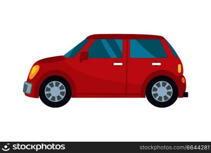 Red compact hatchback vehicle with blue small windows and yellow headl&s. Vector illustration of car isolated on white background. Hatchback Automobile Icon Vector Illustration