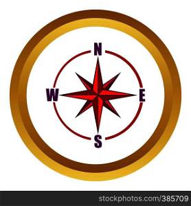 Red compass rose vector icon in golden circle, cartoon style isolated on white background. Red compass rose vector icon, cartoon style