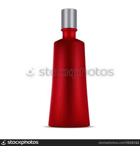 Red Cosmetic Shampoo Bottle. Realistic Plastic Container for Spa Beauty Product: Shower Gel, Body Lotion, Hair Care Moisturizer. Cosmetic Packaging for Advertising, Promotion. Clean Vector Mockup.. Red Cosmetic Shampoo Bottle. Vector Mockup.