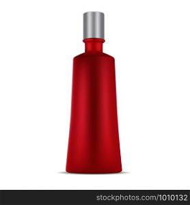 Red Cosmetic Shampoo Bottle. Realistic Plastic Container for Spa Beauty Product: Shower Gel, Body Lotion, Hair Care Moisturizer. Cosmetic Packaging for Advertising, Promotion. Clean Vector Mockup.. Red Cosmetic Shampoo Bottle. Vector Mockup.