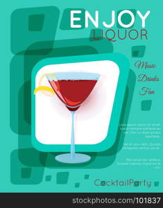 Red cosmopolitan cocktail in martini glass on green rectangles.Cocktail illustration on bright contemporary flat background. Design for cocktail menu, bar poster, event invitation. Template for cocktail party.