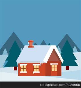 Red country house. Winter landscape with snow and forest. Trees and drifts in the village. The city suburbs. Christmas view.. Red country house. Winter landscape