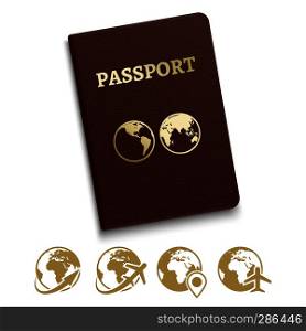 Red cover passport and travel and navigation icons. Vector illustration. Red cover passport and travel