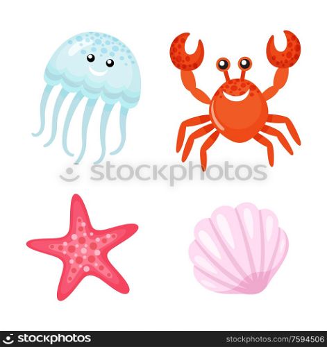 Red crab and starfish, cute jellyfish vector. Tropical characters with faces, shell mollusk marine dwellers. Pink and blue oceanic creatures seafood. Summer Character, Red Crab and Jellyfish Starfish