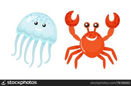 Red crab waving claws and smiling vector, jellyfish summer character. Oceanic natural creatures with face smiling, medusa with tentacles and smile. Summer Sea Characters, Jellyfish and Red Crab