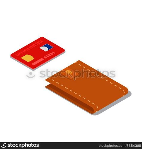Red credit card and brown leather wallet isometric projection vectors isolated on white background. Modern purses 3d illustration for electronic payments and money in cash concepts