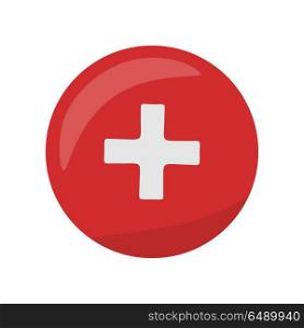 Red Cross Icon on Button. First Medical Aid Sign. Red cross icon on the button. First medical aid ambulance sign symbol. Hospital emblem. Red cross aid. Flag of Switzerland on round circle. Health care concept. Pharmaceutical crest. Vector