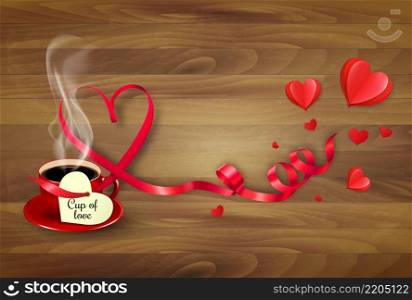 Red cup of coffee with a heart shaped valentine note and red heart shape ribbon. Valentine&rsquo;s Day background. Vector illustration