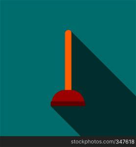 Red cup plunger icon in flat style on a turquoise background. Red cup plunger icon, flat style