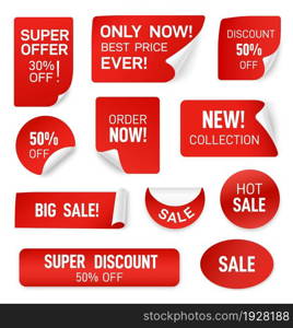 Red curled paper stickers. 3d label, round price tag. Curl edge sheet, isolated sale or special price badges. Christmas discount exact vector set. 3d paper curl sticker red lable sale illustration. Red curled paper stickers. 3d label, round price tag. Curl edge sheet, isolated sale or special price badges. Christmas discount exact vector set