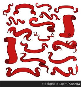 Red curled ribbons, set of vintage design elements. Vector illustration