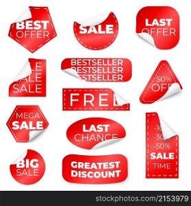 Red curled sale stickers. Discount labels with curl edge, low pricing tags. Isolated store badges, christmas or seasonal special prices vector set. Illustration label sale price, promotion sticker set. Red curled sale stickers. Discount labels with curl edge, low pricing tags. Isolated store badges, christmas or seasonal special prices recent vector set