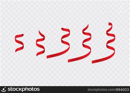Red curly ribbon serpentine confetti. Red streamers set on transparent background. Colorful design decoration party, holiday event, carnival, Christmas, New Year greeting. Vector illustration.. Red curly ribbon serpentine confetti. Red streamers set on transparent background. Colorful design decoration party, holiday event, carnival, Christmas, New Year greeting. Vector illustration