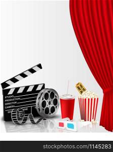 Red curtain and film object with popcorn, soda, ticket and eyeglasses