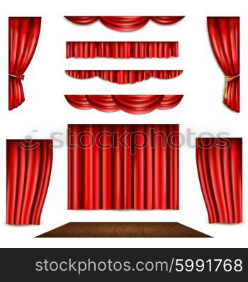 Red Curtain And Stage Icons Set. Red theatre curtain in different shape and wooden stage realistic isolated vector illustration
