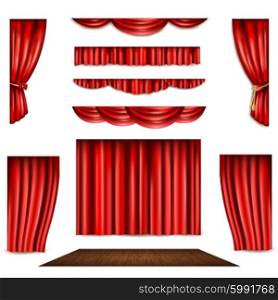 Red Curtain And Stage Icons Set. Red theatre curtain in different shape and wooden stage realistic isolated vector illustration