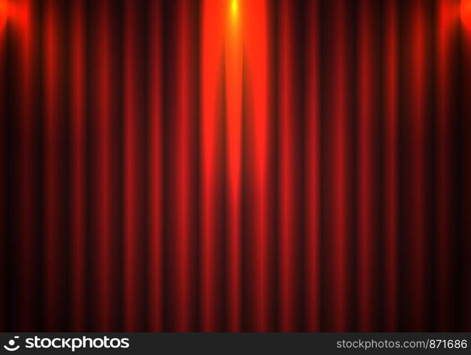 Red curtain background with spotlight in theater. Theatrical drapes stage opening ceremony hall movie light closed velvet fabric textile. Vector illustration