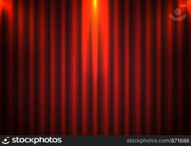 Red curtain background with spotlight in theater. Theatrical drapes stage opening ceremony hall movie light closed velvet fabric textile. Vector illustration