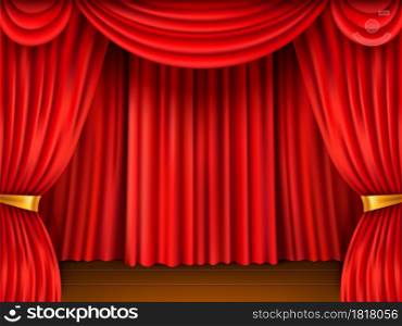 Red curtain stage. Realistic scene framed red textile theater veils, velvet fabric, cinema hall decor, open heavy drapes for theatrical entertainment vector background. Red curtain stage. Realistic scene framed red textile theater veils, velvet fabric, cinema hall decor, open heavy drapes. Vector background