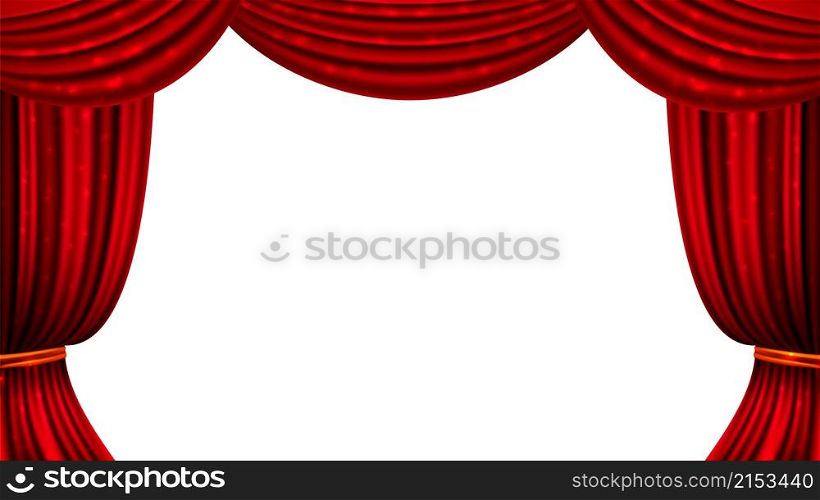 Red curtain. Theater cinema curtains shine elements. Isolated fabric drape vector banner, show circus entertainment ad background. Illustration of curtain stage to show or presentation. Red curtain. Theater cinema curtains shine elements. Isolated fabric drape vector banner, show circus entertainment ad background