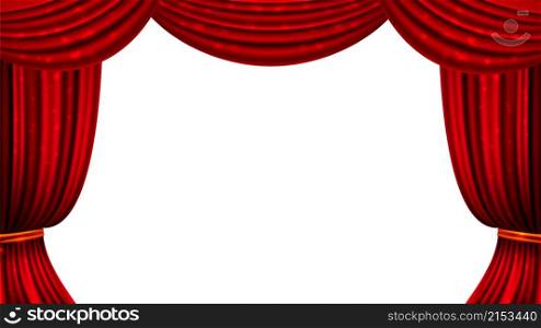 Red curtain. Theater cinema curtains shine elements. Isolated fabric drape vector banner, show circus entertainment ad background. Illustration of curtain stage to show or presentation. Red curtain. Theater cinema curtains shine elements. Isolated fabric drape vector banner, show circus entertainment ad background