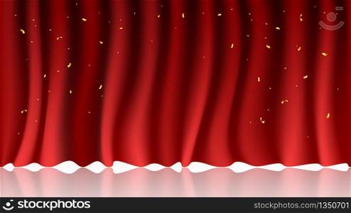 Red Curtain Theater Scene Stage Background. Backdrop with Luxury Silk With Copyspace and confetti. Design for concert, party, theater, dance