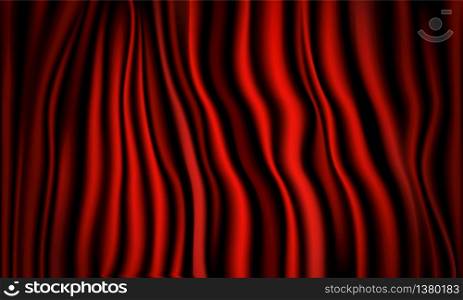 Red curtain with spotlight in theater. Velvet fabric cinema curtain vector. Spotlight on closed curtains decoration. Drama stage background. Vector illustration.