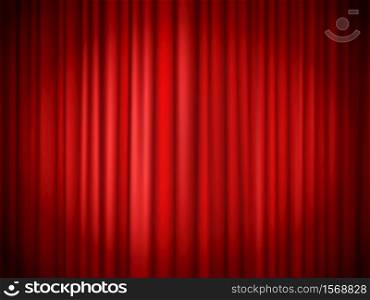 Red curtains background. Red curtain at stage for show, velvet presentation textile, concert theatrical elegant interior. Vector illustration. Red curtains background. Red curtain at stage for show