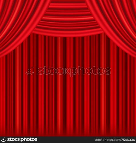 Red curtains of theater stage. Template for theatrical performance, movie house or presentation. Detailed mesh illustration.. Red curtains of theater stage.