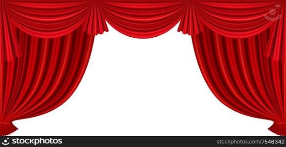 Red curtains of theater stage. Template for theatrical performance, movie house or presentation. Detailed mesh illustration.. Red curtains of theater stage.
