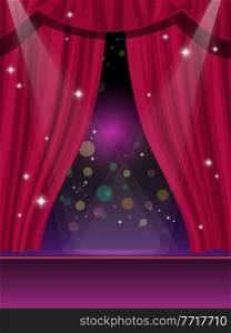 Red curtains on stage, circus or theater and cinema show vector background. Red curtains or velvet drapes with spotlight, opera or funfair carnival circus stage and cinema theater performance show. Red curtains on circus or theater stage