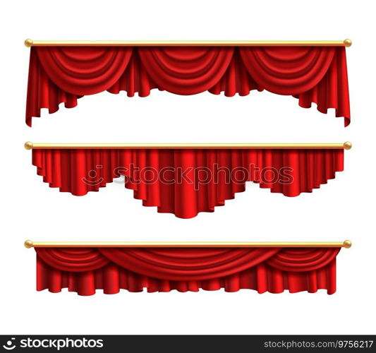 Red curtains. Realistic luxury curtain cornice set. Interior drapery textile, silk or velvet scene decoration. Theatre or circus fabric portiere design. Vector isolated on white background objects. Red curtains. Realistic luxury curtain cornice set. Interior drapery textile, silk or velvet scene decoration. Theatre or circus fabric portiere design. Vector isolated on white objects