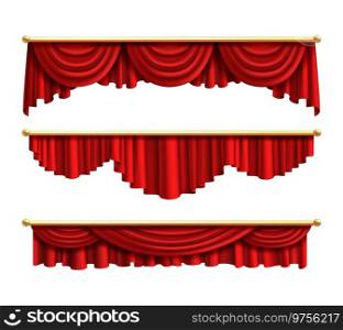 Red curtains. Realistic luxury curtain cornice set. Interior drapery textile, silk or velvet scene decoration. Theatre or circus fabric portiere design. Vector isolated on white background objects. Red curtains. Realistic luxury curtain cornice set. Interior drapery textile, silk or velvet scene decoration. Theatre or circus fabric portiere design. Vector isolated on white objects