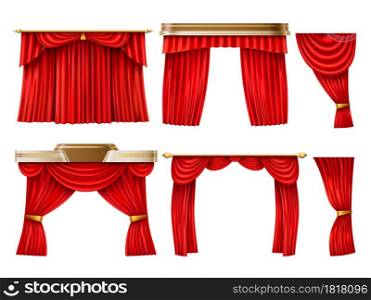 Red curtains. Realistic theatre, opera velvety fabric veils, scene textile decor, cornices and lambrequins, isolated concert hall drapes for theatrical decoration or home window vector set. Red curtains. Realistic theatre, opera velvety fabric veils, scene textile decor, cornices and lambrequins, concert hall drapes. Vector set